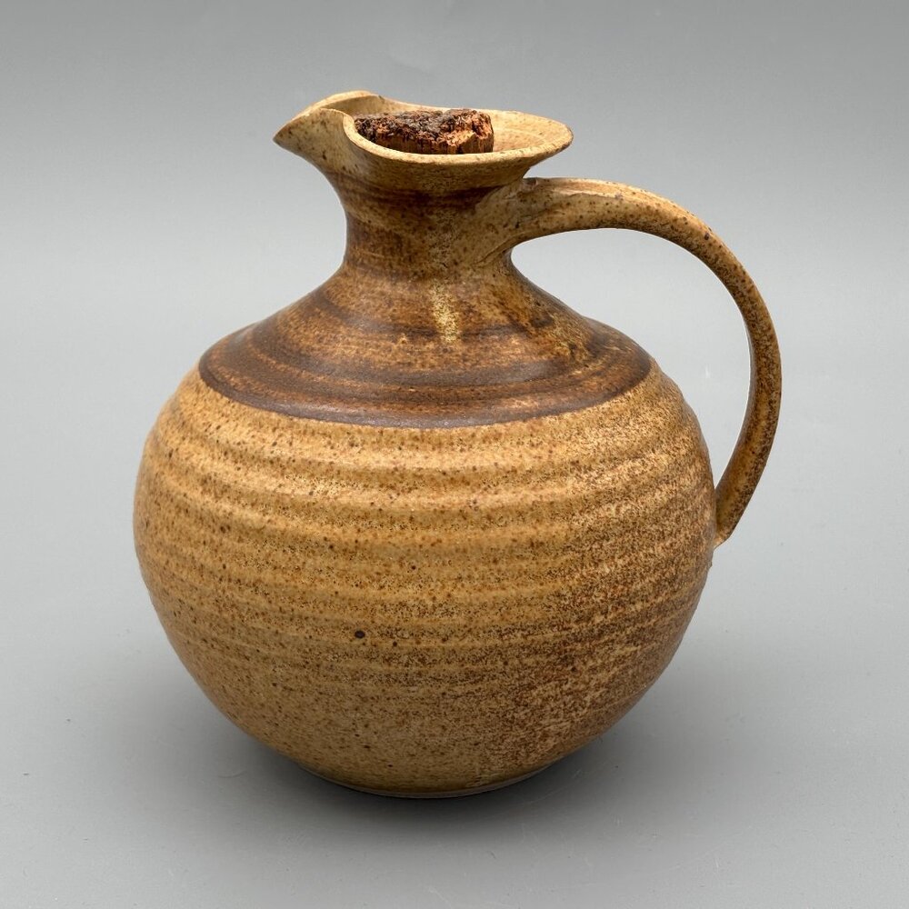 Vintage Studio Pottery Jug with Cork Stopper and Rounded Stoneware Earthy Glaze